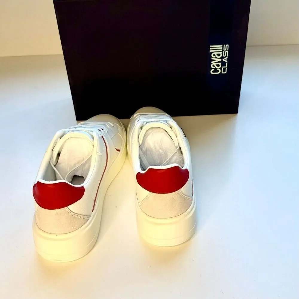 NWT Roberto Cavalli metal logo low top men sneaker in white with red accent Size